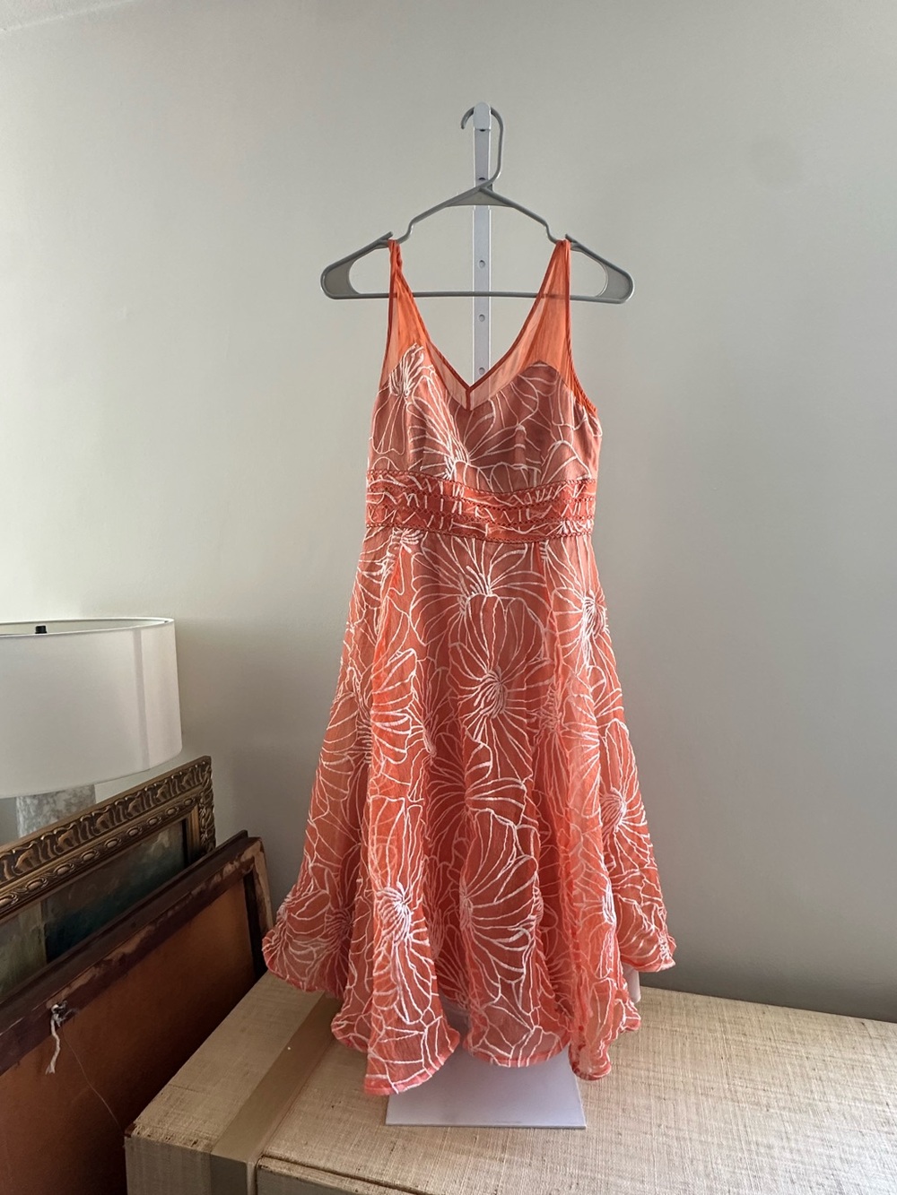 Moulinette Soeurs Coral Midi Dress with White Floral Overlay
